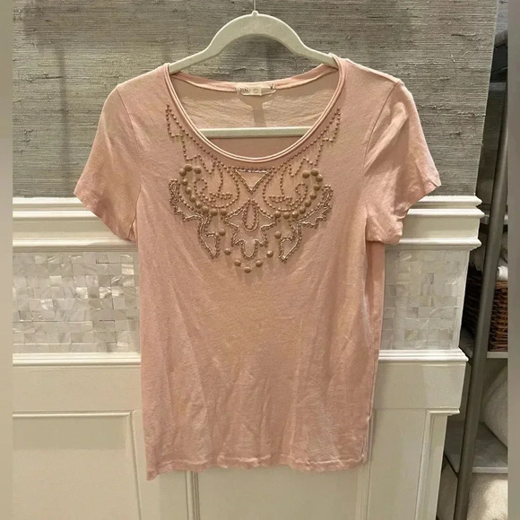 J. Crew medium peach pink beaded embellished tee shirt top - Picture 1 of 6
